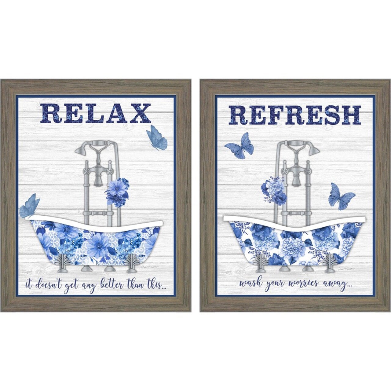Blue Floral Bath Art by Jean Plout, 2 Piece Rustic Gray Framed Art Set